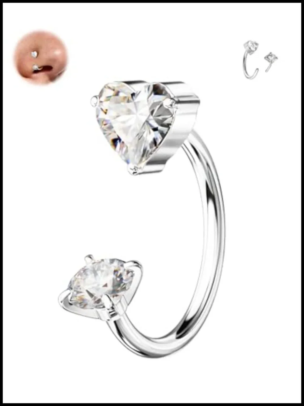 20G Heart Horseshoe Nose Ring 316L Surgical Steel Threadless Push Pin Piercing